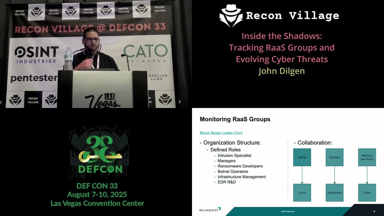 DEF CON 33 Recon Village - Inside the Shadows Tracking RaaS Groups, Cyber Threats - John Dilgen